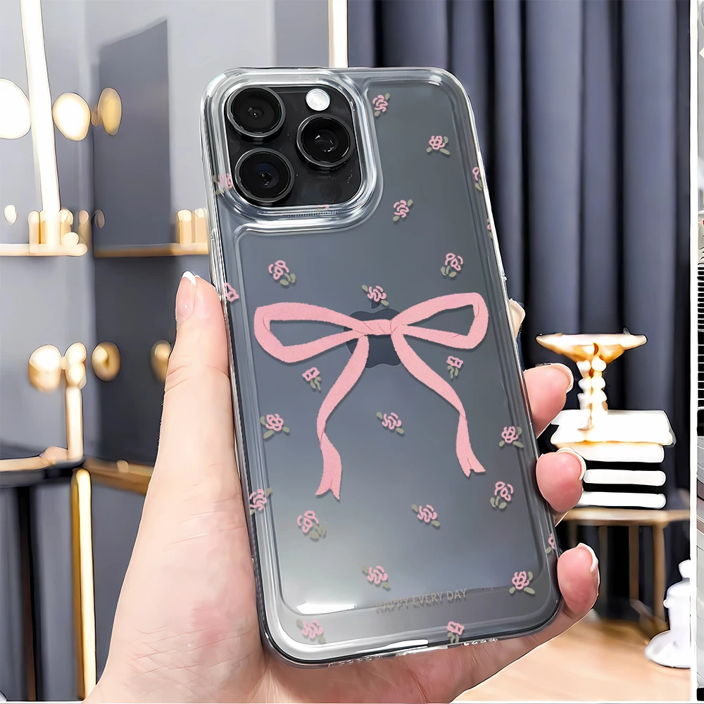 

Pink Minimalist Bowknot Slogan Pattern Clear Phone Case For IPhone 16 15 14 13 12 11 Pro Max 13 12 X XS XR 7 8 Plus SE2 Cover