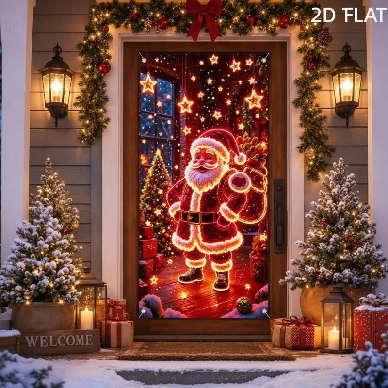 2D Flat Christmas Door Cover With Glowing Neon Santa Pattern For Front Door Home Holiday Party Decor