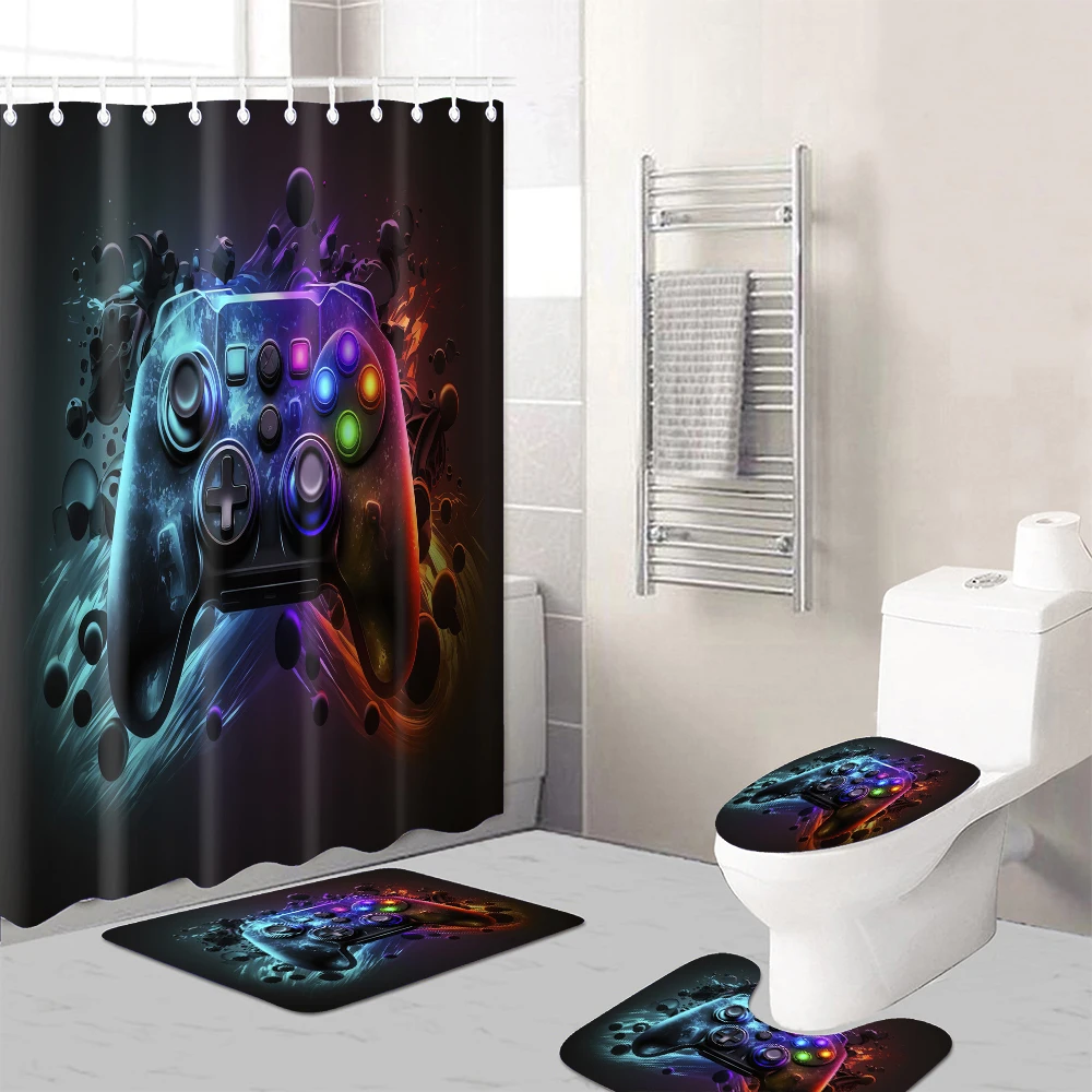 4-piece set of red and blue game console printed waterproof shower curtains with 12 hooks and bathroom floor mats