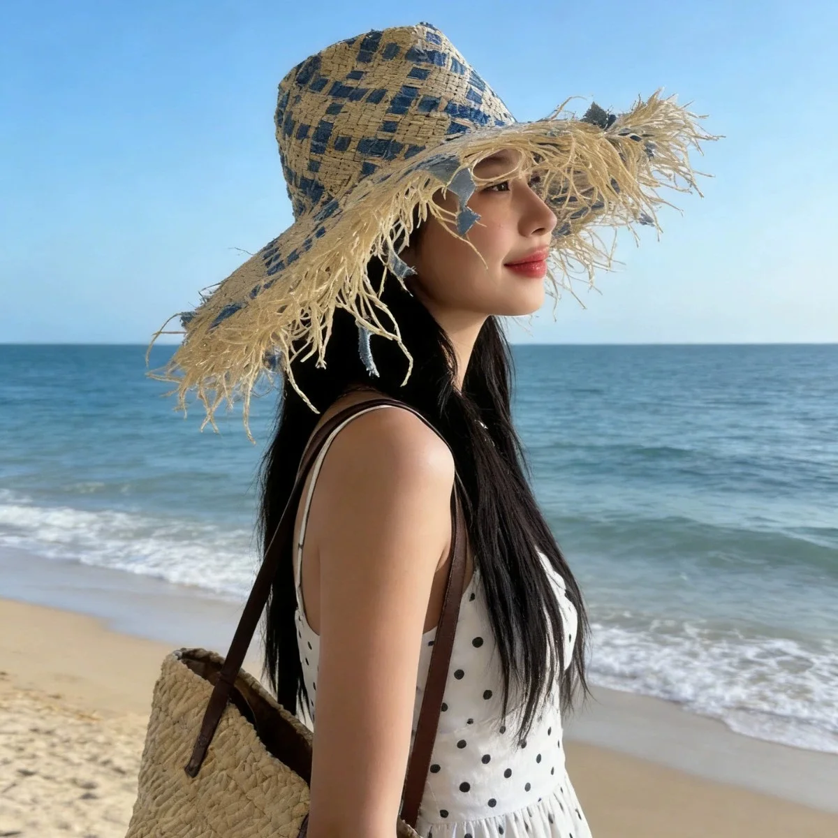 Versatile Summer Beach Holiday Hat: A Unique Designer Denim Straw Hat for Outdoor Leisure and Fashion, Offering Sun Protection