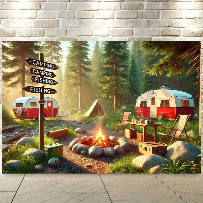 Camping RV Trailer Tapestry Outdoor Adventure Decor Forest Campfire Sign Fishing Nature Scenery Man Cave Garage Wall Art Poster