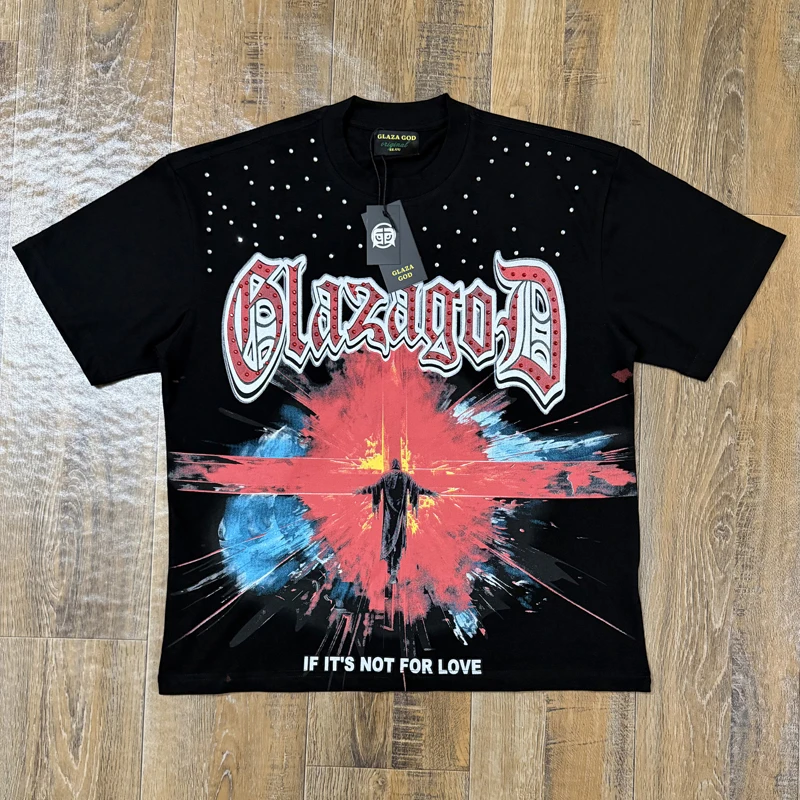American Fashion Quality Casual Hot Stamping GLAZA GOD T-shirt Original Label Cross Pattern Retro Glaza God Short Sleeved Tops