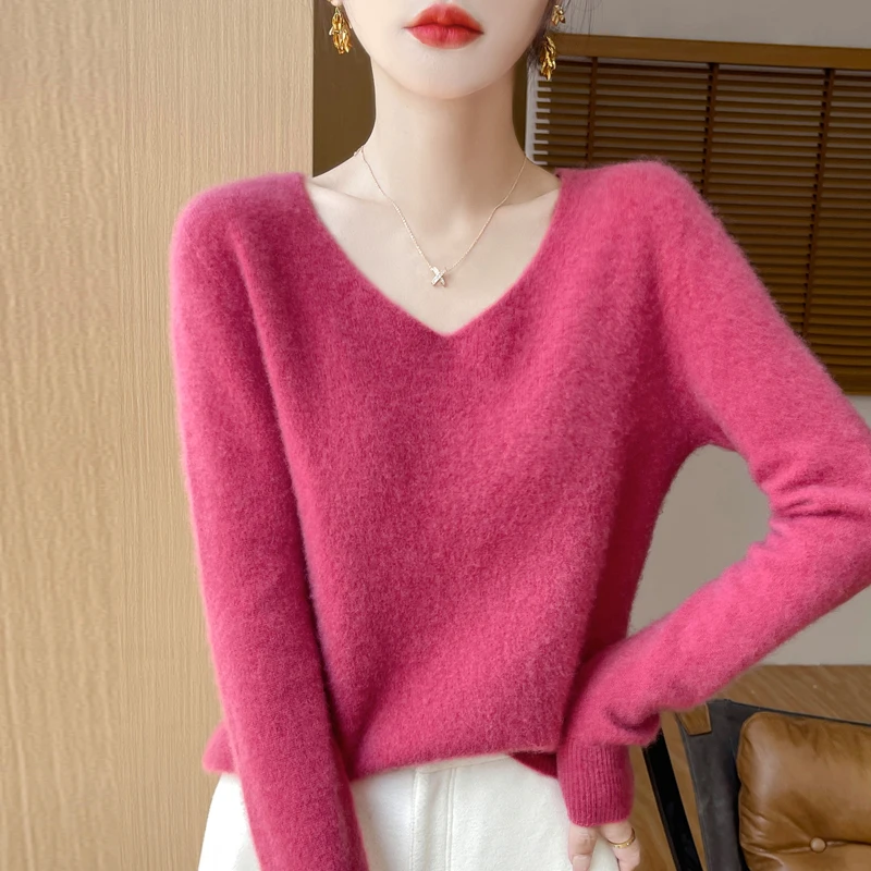 Autumn And Winter New 100% Wool Women\'s V-neck First-Line Ready-To-Wear Knitted Bottoming Sweater Loose Slim Pullover Cashmere