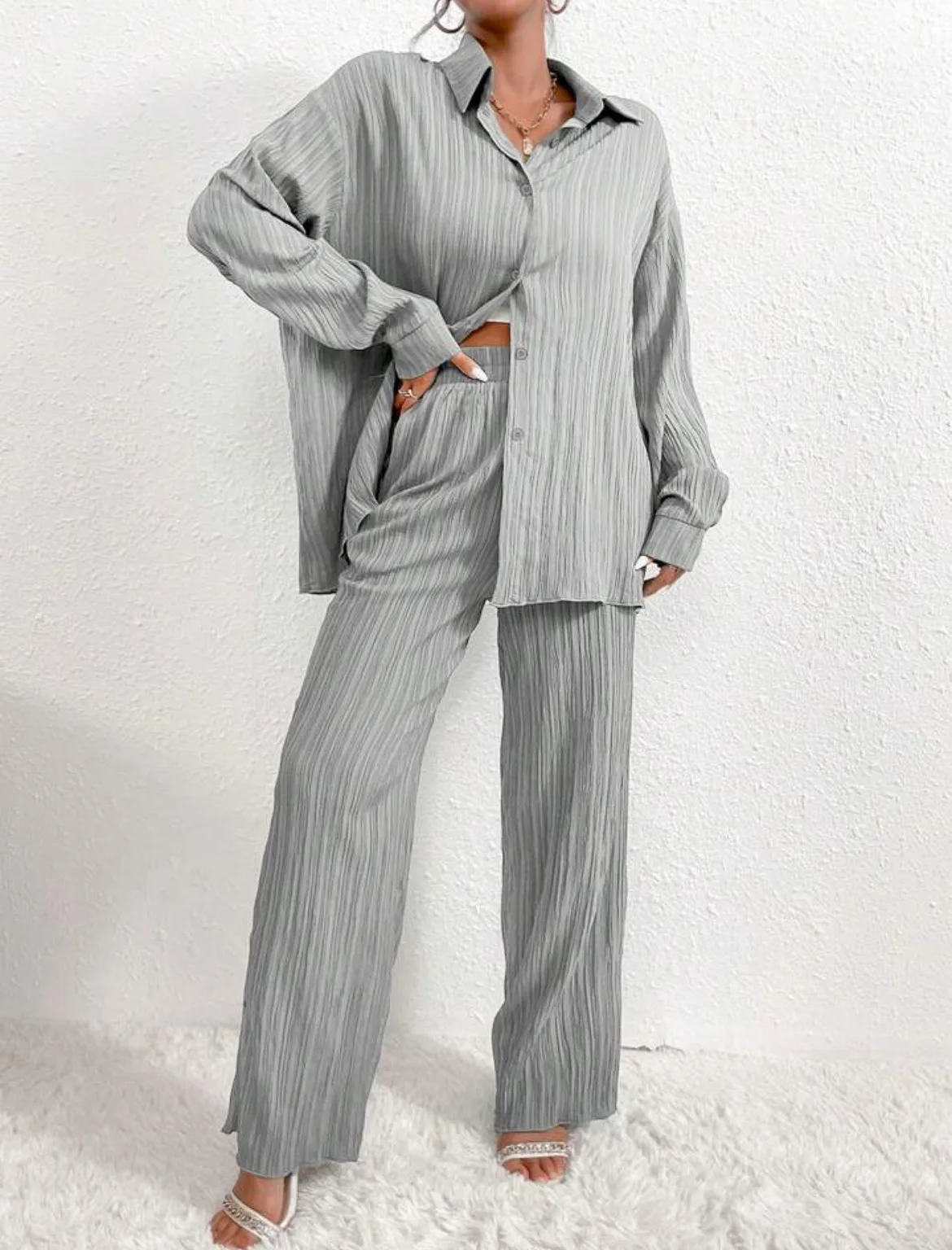 Women\'s Pleated Pajama Set Solid Spring Autumn Ladies Sleepwear 2 Pcs with Pant Single Breasted Loose Pyjama Suit for Female