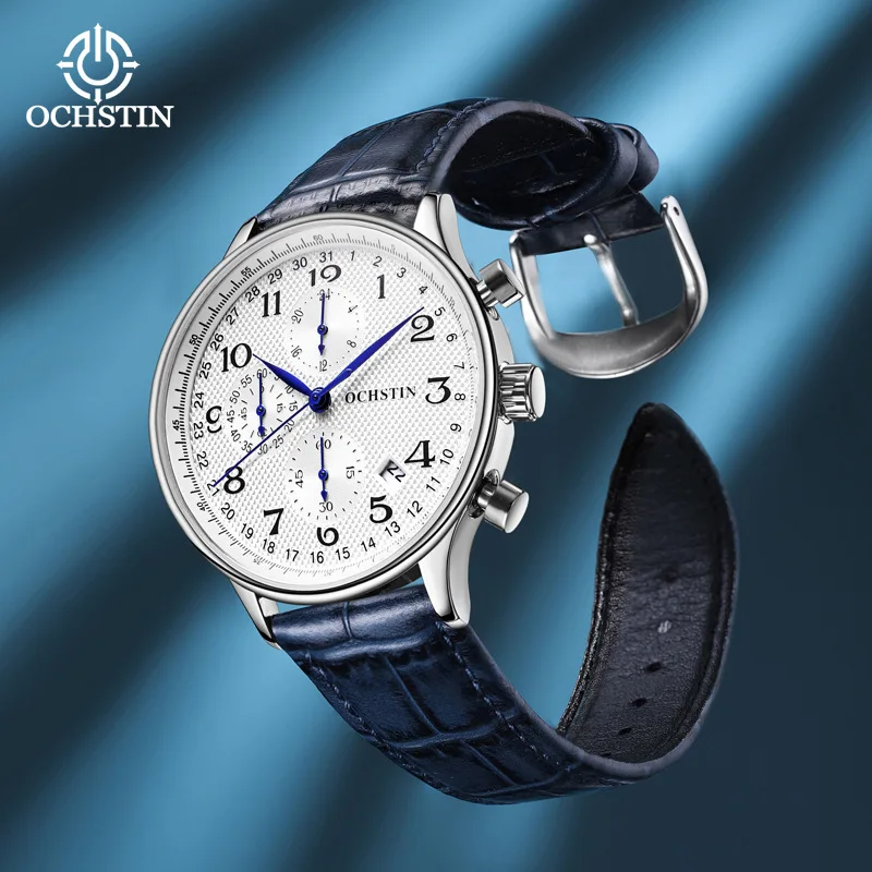 hot-selling* men's multi-function large dial six-hand running seconds watch fashion leather chronograph calendar quartz watch