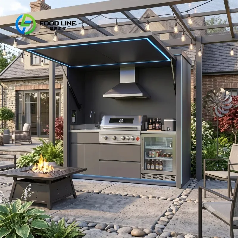 Customized 304 Stainless Steel Outdoor Kitchen BBQ Pod Modern Waterproof  Outdoor Kitchen Cabinets with Complete BBQ Setup