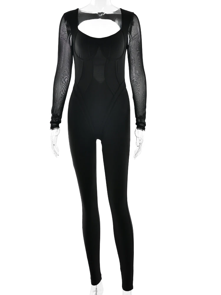 Fantoye Tuta da donna sexy a righe ad alta elasticità senza schienale manica lunga colletto quadrato autunno inverno skinny elegante clubwear per feste
