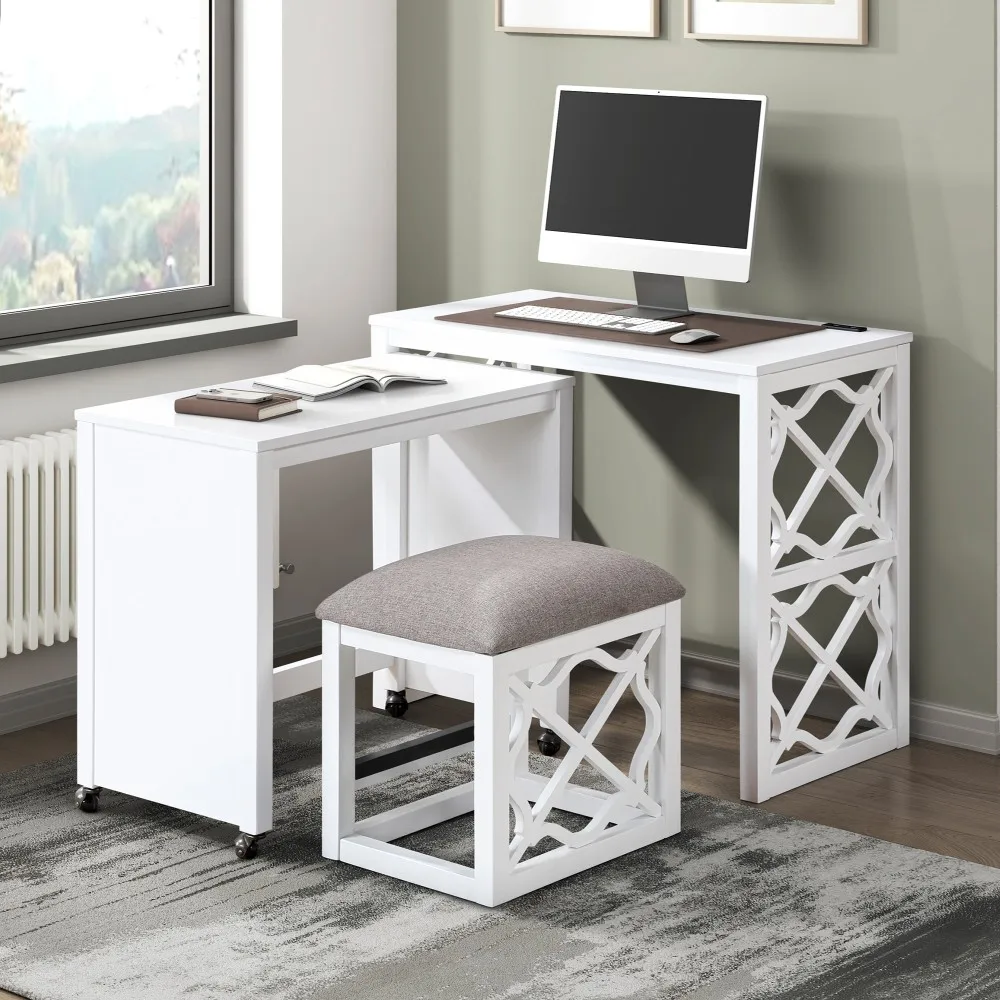 

Desks and Stool Set 3pc White Finish Rolling Desk with Casters, 2 Charging ports Home Office Furniture