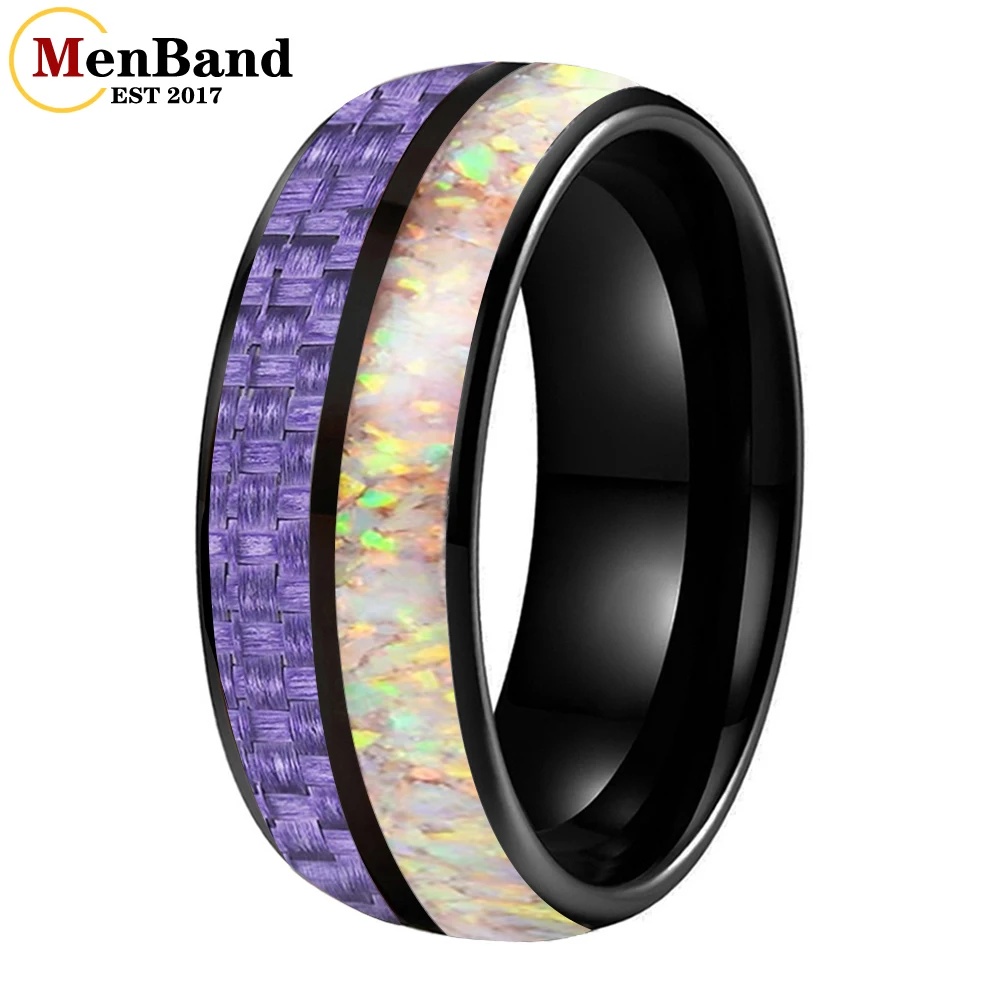 MenBand 6/8MM Purple Carbon Fiber And Pink Opal Inlaid Dome Polished Tungsten Ring for Men And Women Engagement And Wedding Ring