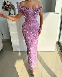 Light Purple Ankle Length Evening Dresses One Shoulder Pearls Beaded Mermaid Wedding After Party Gowns Custom Made Prom Robes