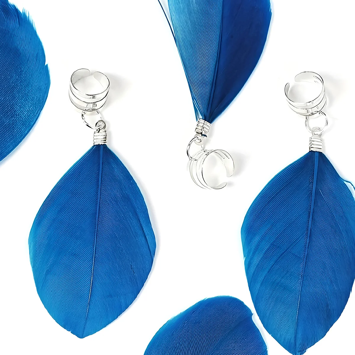 6Pcs Bohemian Style Dreadlock Blue Feather Hair Rings - Suitable for Parties & Balls