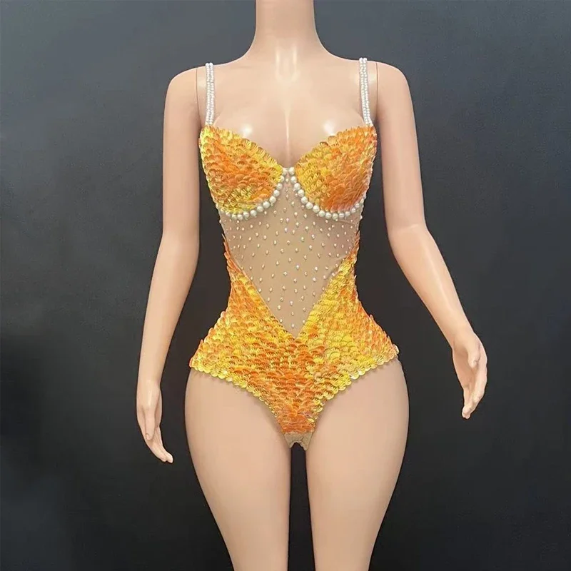Orange Sequins Pearls Bodysuit Sexy Pole Dance Outfit Women Party Gogo Costume Nightclub Dj Ds Stage Festival Clothes XS6847