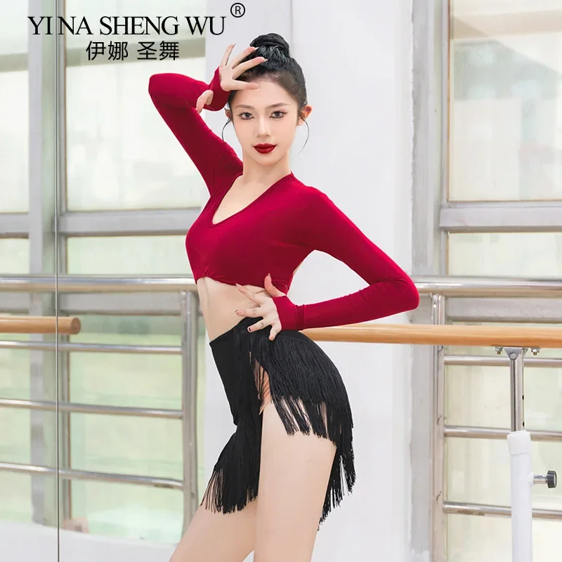 

Одежда для латинских танцев, женский сексуальный топ с открытой спиной и v-образным вырезом, длинными рукавами, одежда для взрослых женщин, одежда для танцев ча-ча-румба с подушкой на груди