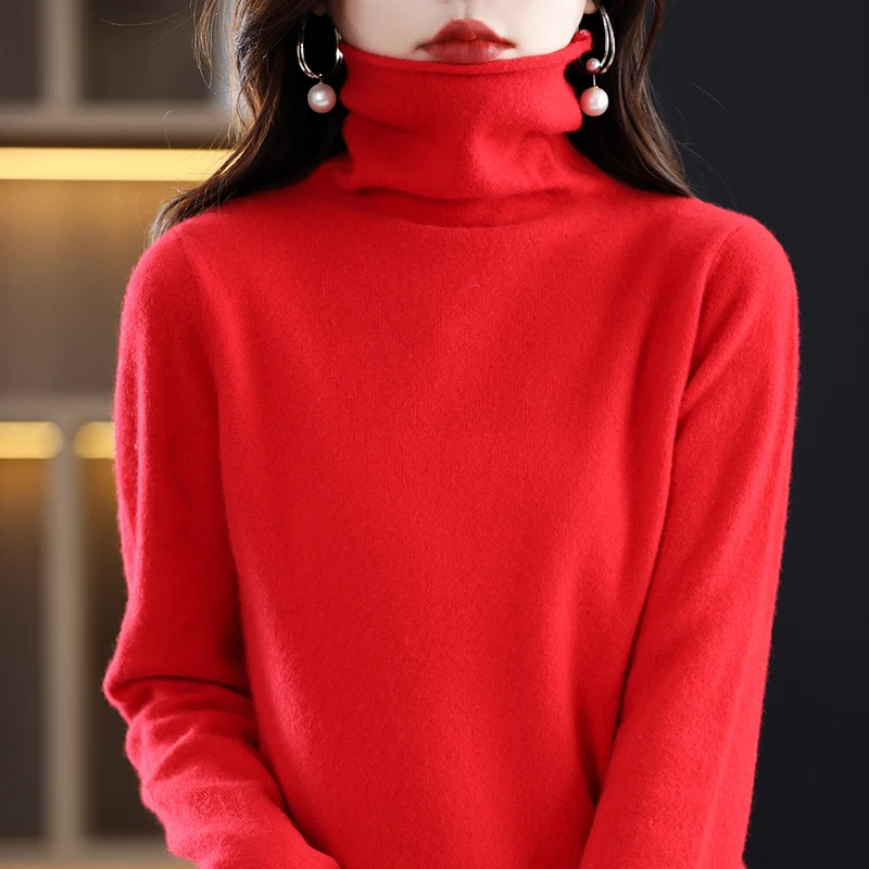 100% Pure Wool Cashmere Sweater Women\'s High Collar Pullover Casual Knit Top Autumn Winter Women\'s Jacket Korean Fashion