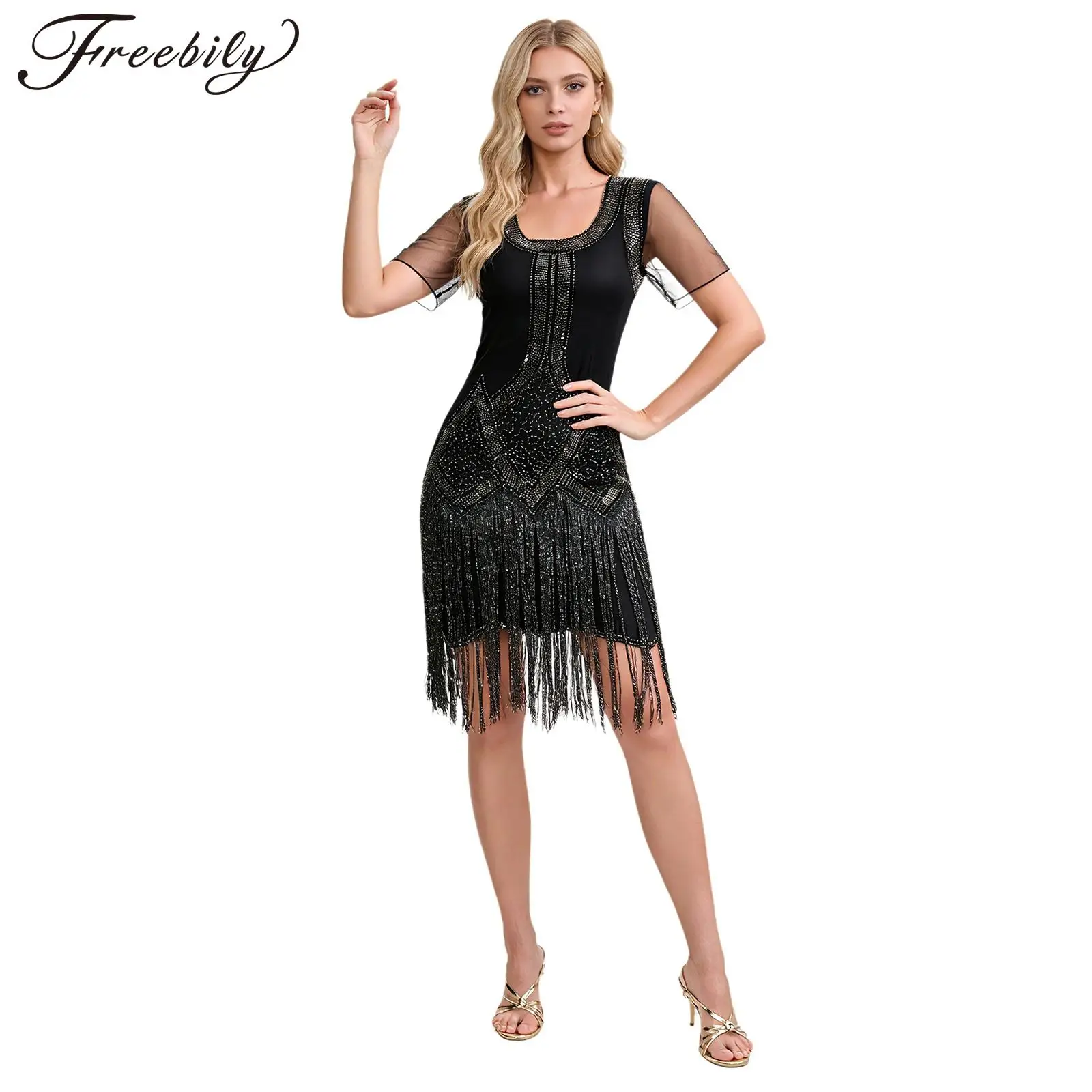 

Women Short Sleeve Latin Dance Dress Irregular Tassel Flapper Dress Party Proms Gown Vintage 1920s Shiny Sequin Cocktail Dress