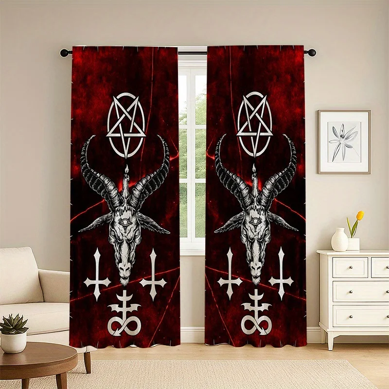 2pc Gothic Blackout Curtains – Pentagram & Baphomet Print, Deep Red & Black for Bedroom, Living Room & Office
