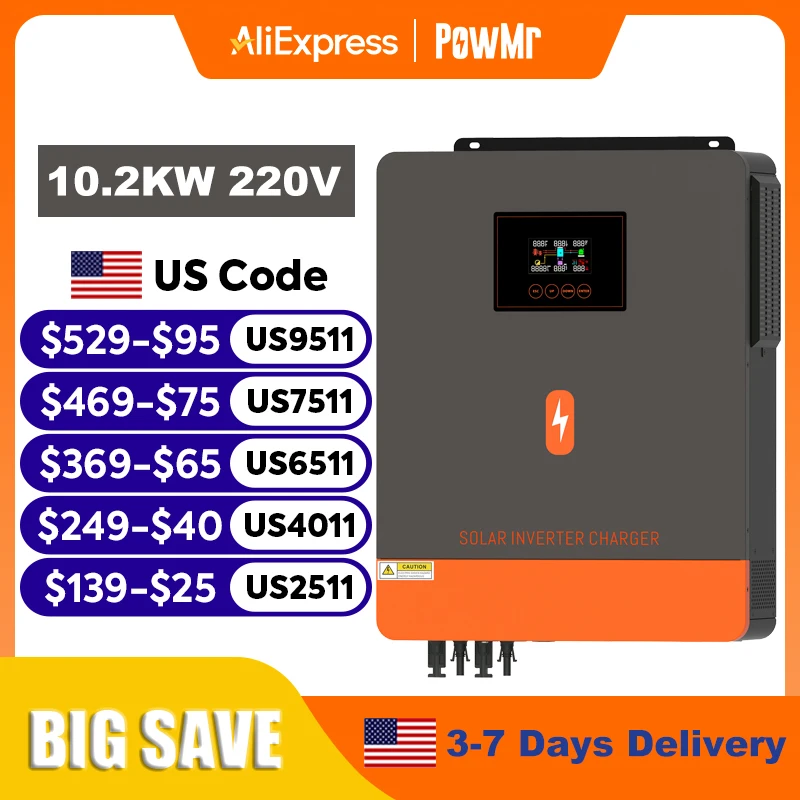 

PowMr 10,2 кВт гибридный солнечный инвертор 48 В 230 В в сети с выключенной сеткой инвертор чистой синусоиды MPPT 160A зарядное устройство для солнечной батареи