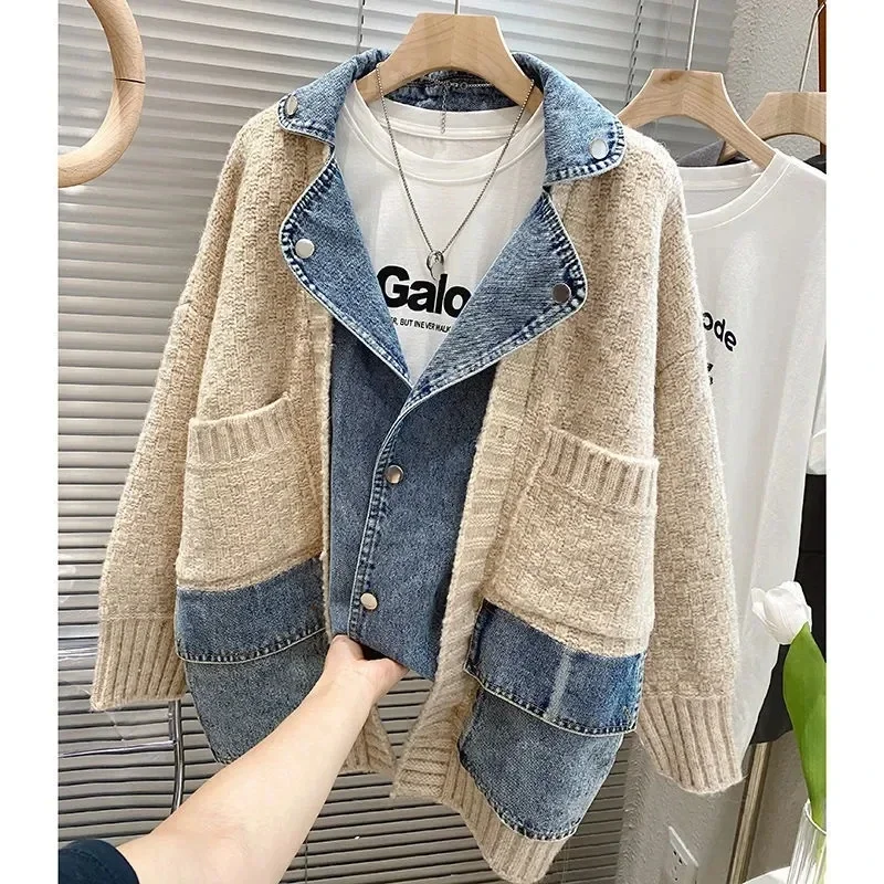 2026 New Autumn Winter  Splicing Denim JacketWomen Lazy Design False Two-Piece single breastedFemale Loose Jacket