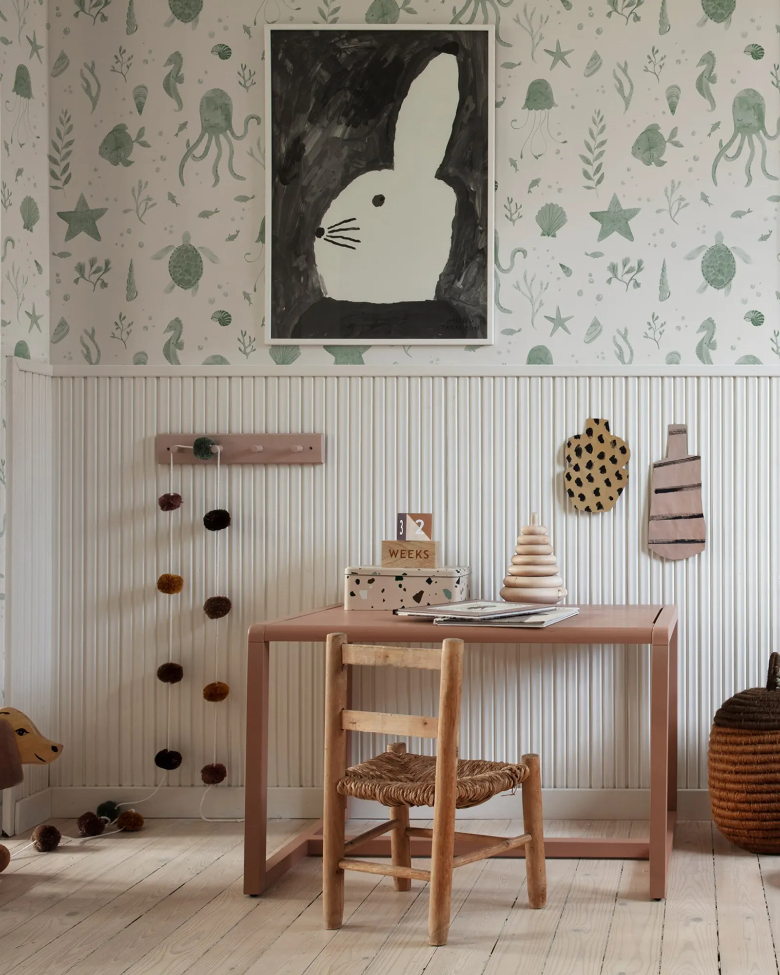 Aqua Wallpaper with Octopuses, Jellyfish. Turtles, fishes and all kinds of seashells in fresh Green, Aqua Sea lifes Wall Paper