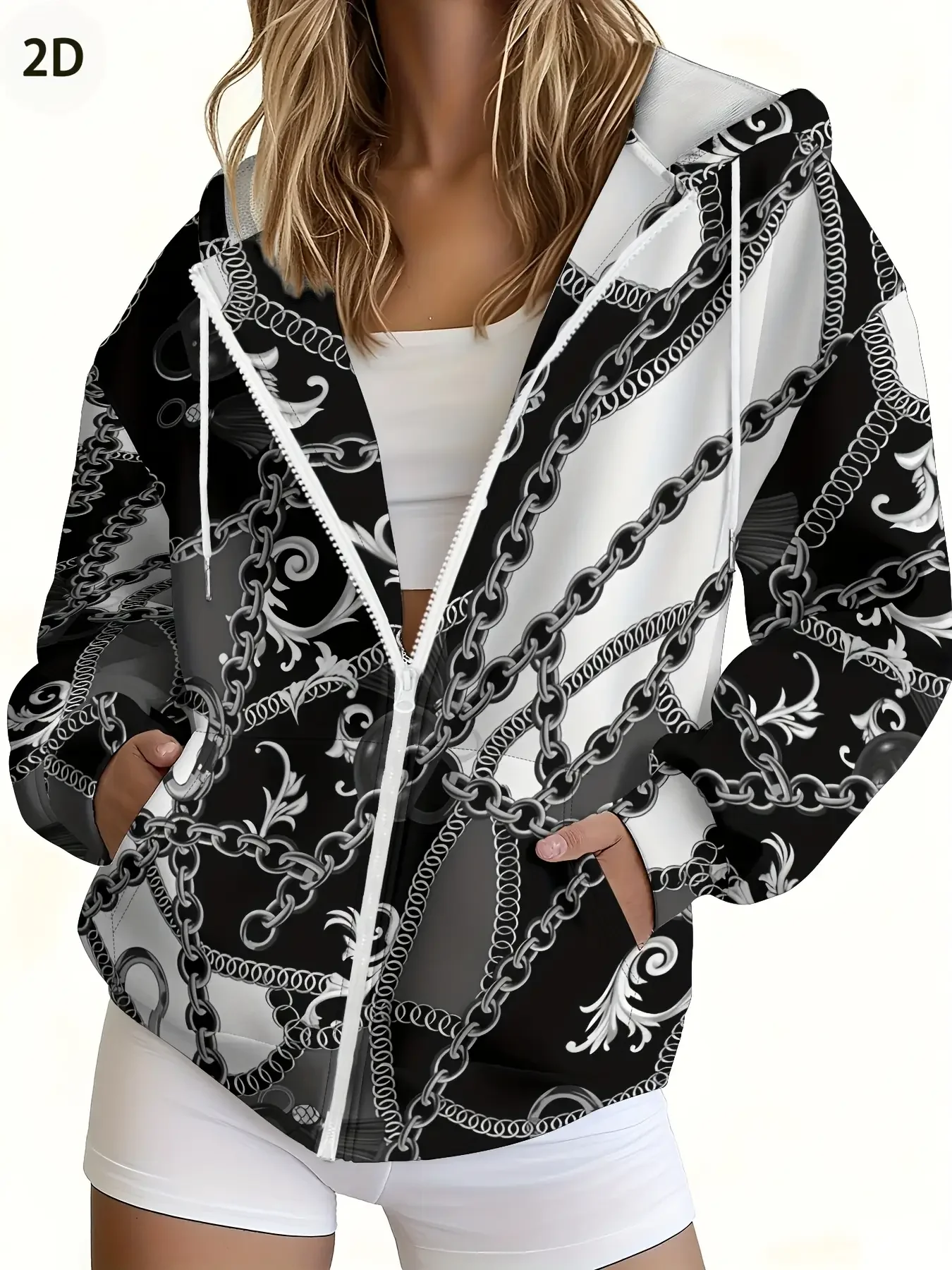 

2026 new women's zipper hooded sweatshirt, casual, fashionable, White hoodie suitable for casual or formal occasions