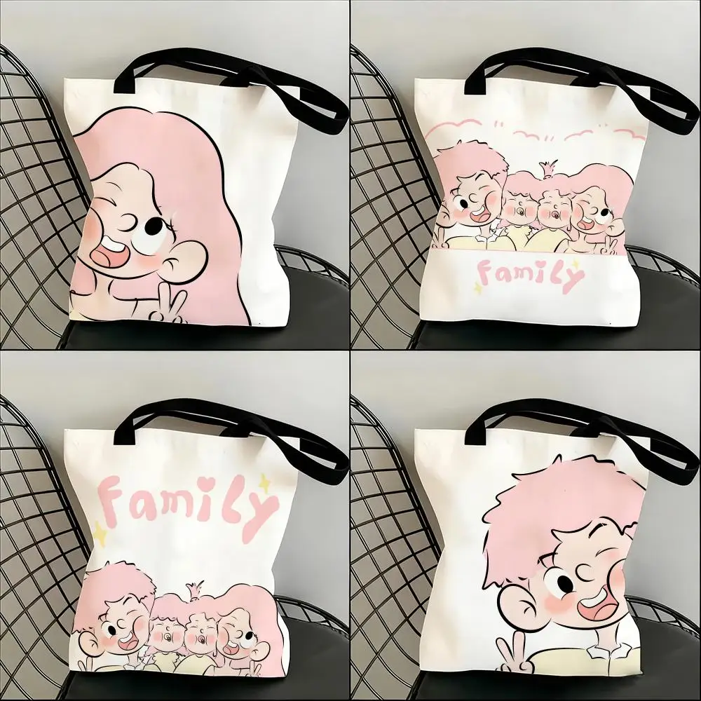 

Cute pink cartoon family of four Storage Bags Lightweight Canvas Shoulder Shopper Fashionable Eco Multi Use Tote with Large Capa