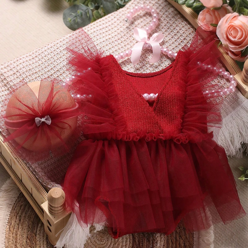 Ylsteed Violet Newborn Outfit for Pictures Knitted Infant Photography Romper with Matching Headbands Mesh Dress Portrait Props