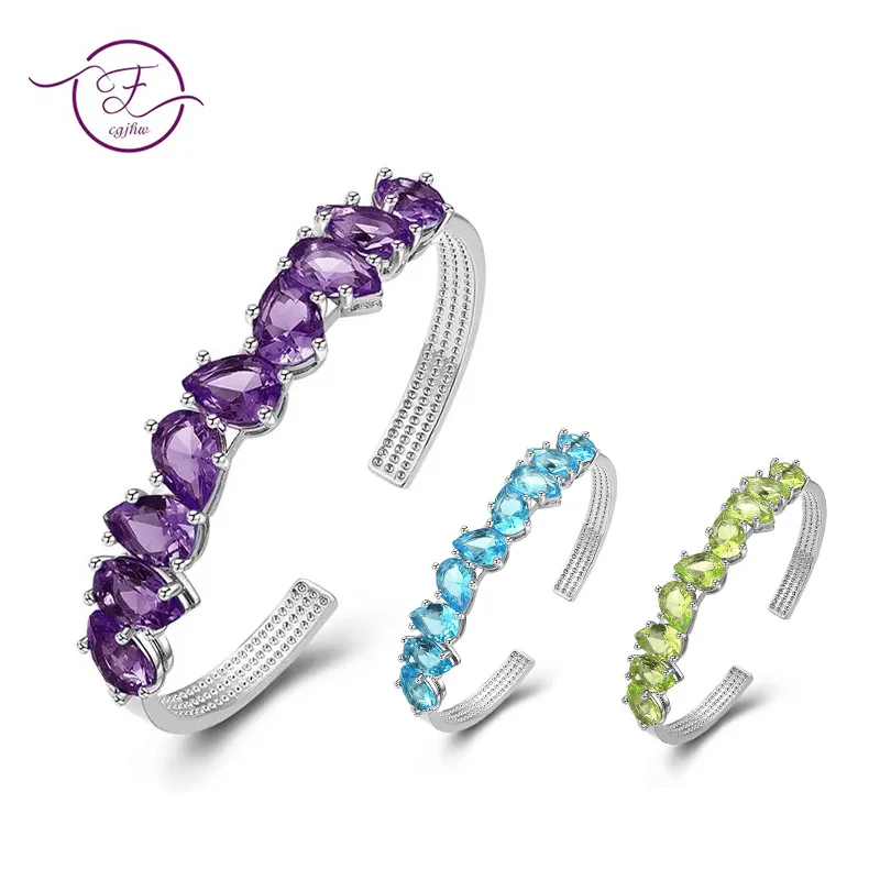 

Zircon Silver Adjustable Bangle for Women WaterDrop Pear Amethyst Bracelet Trendy Fine Jewelry Wedding Valentine Day Gift FCGJHW