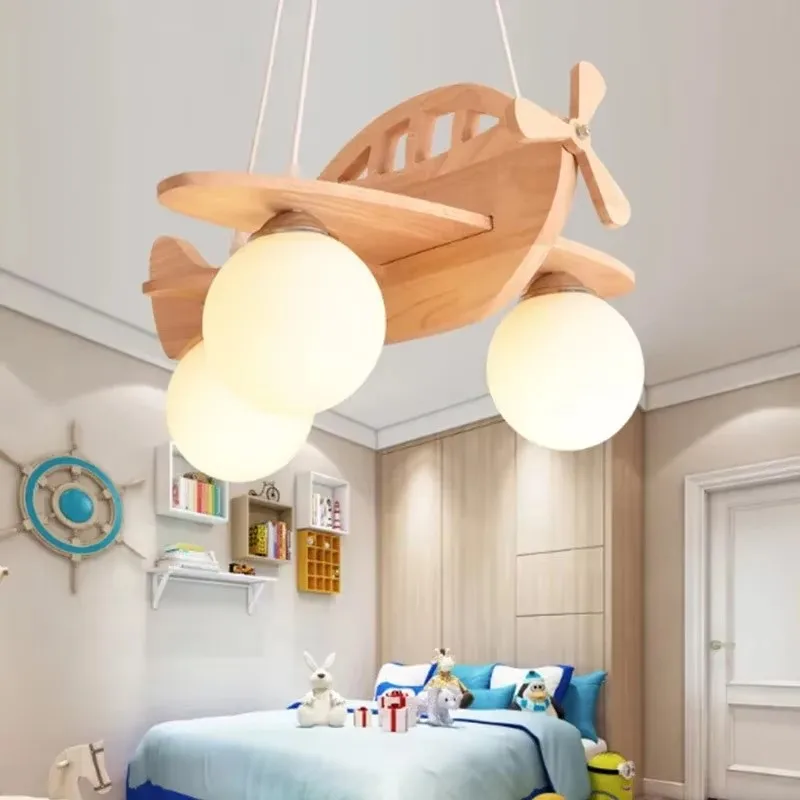 Nordic Solid Wood Airplane pendant light led Milk White Glass ball lamp Creative Japanese Children's room Nursery Room lamp