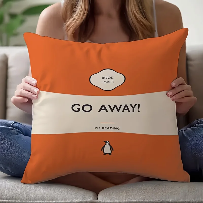 1pcs pillow cover orange beige go away i m reading book lover penguin cushion for living room bedroom library literature decor