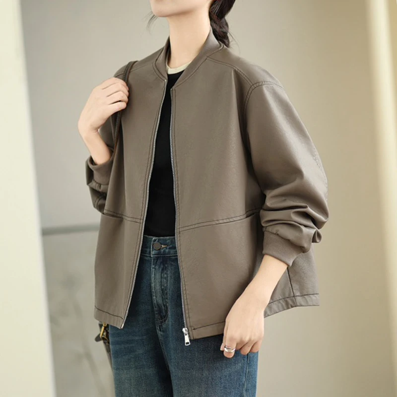 Masss Wasss 韓国秋女性ルーズレジャーヴィンテージフェイクレザージャケットレディースクラシック V ネックウインドブレーカーファッション PU コート