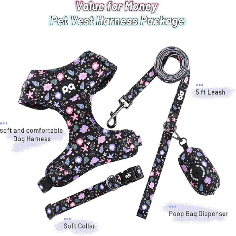 Dog harness collar leash, bracket with poo bag 4 sets, adjustable non-pull soft net cushion back heart, combination