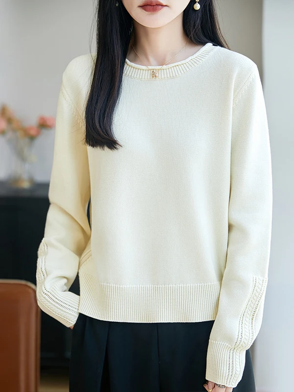 Thickened Pure Cotton Long Sleeve Knitted Sweater Women's Autumn Winter New Style Simple round Neck Warm Base Layer Design Sense