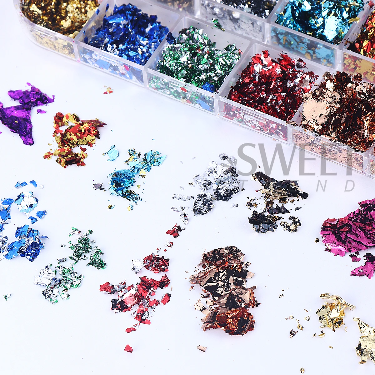 12 grades de folhas de ouro de cor dupla lindo brilho de unhas brilhos irregulares aleatórios flocos de alumínio paillette chip design decoração