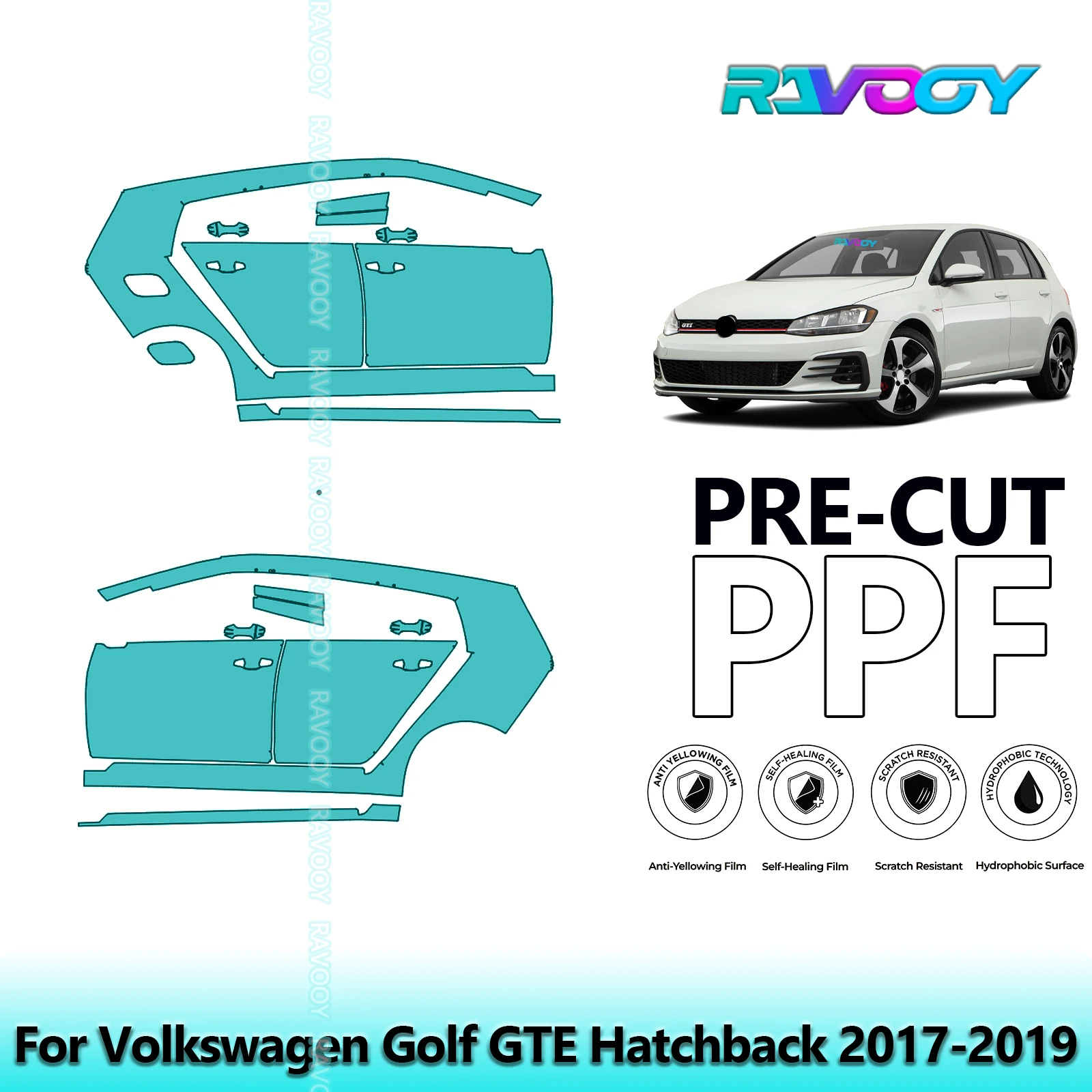 

For Volkswagen Golf GTE Hatchback 2017-2019 8.5mil Clear Matte Pre-Cut PPF Door & A/B Pillar Kit TPU Paint Protection Film Set