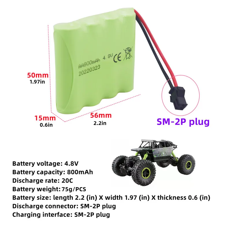 2PCS AA 4.8V 800mAh Rechargeable Battery SM2P Plug RC Truck Stunt Car Excavator Toy Car Battery And USB Charging Cable