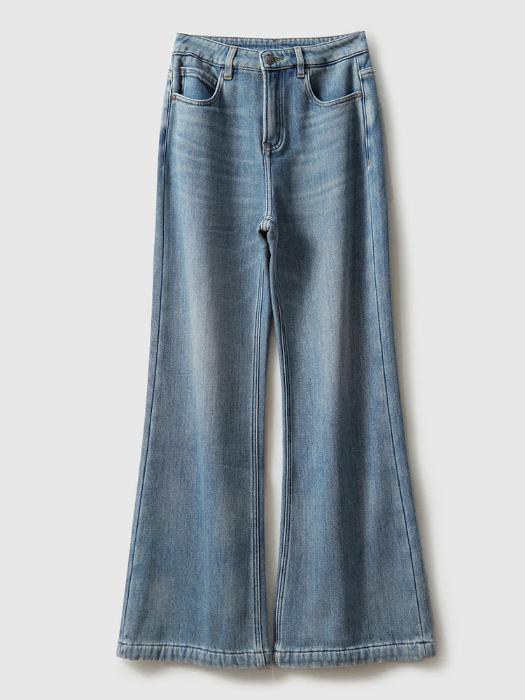 

Женские расклешенные джинсы с высокой талией, на флисовой подкладке, зимние, теплые, удобные, повседневные, джинсовые брюки с молниями, теплые, фасон «bootcut»