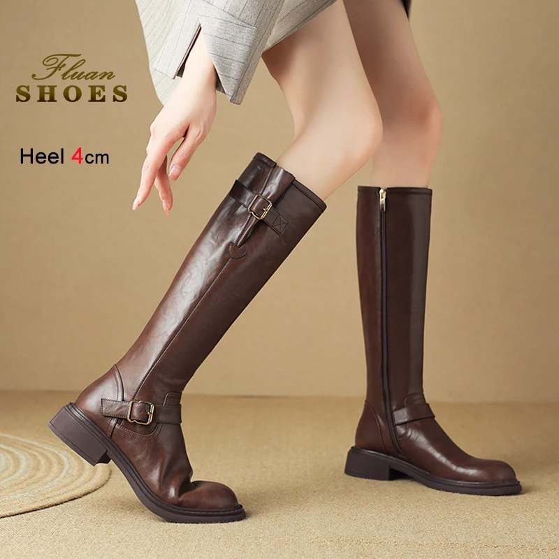 

Коричневые рыцарские сапоги с круглым носком, женские кожаные сапоги до колена на блочном каблуке 4 см, осень-зима, кожаные сапоги до колена с пряжкой на ремне, женская уличная повседневная обувь