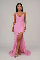 Dazzling Sequin V-Neck High Slit Backless Criss-Cross Lace Up Homecoming Dresses Valentine's Day Cocktail Party Evening Gowns