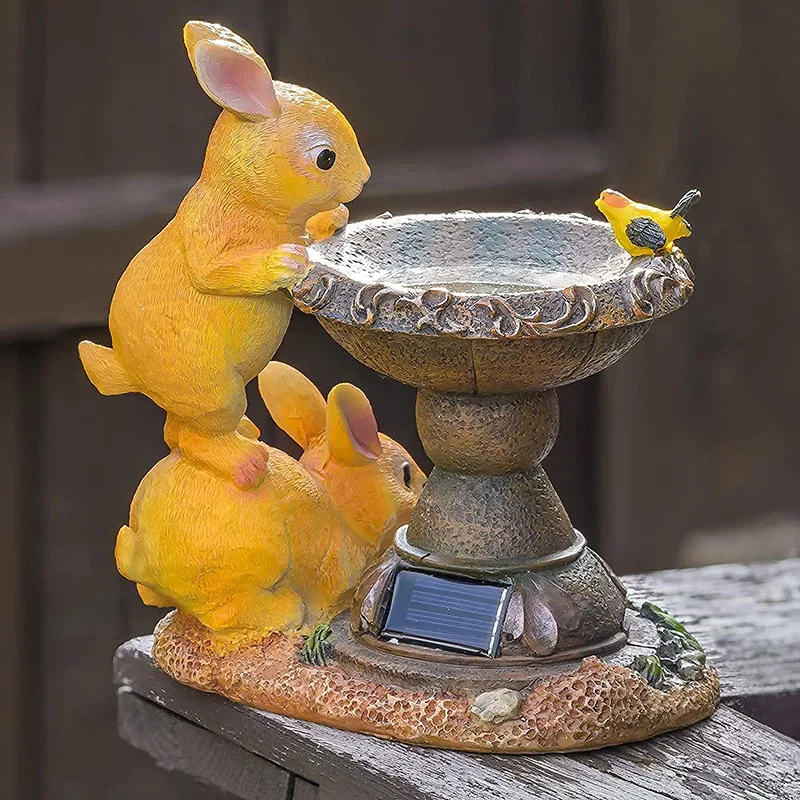 Solar Rabbit Sculpture LED Light Resin Double Rabbit Drinking Water Lamp Outdoor Courtyard Animal Figurine Decorations