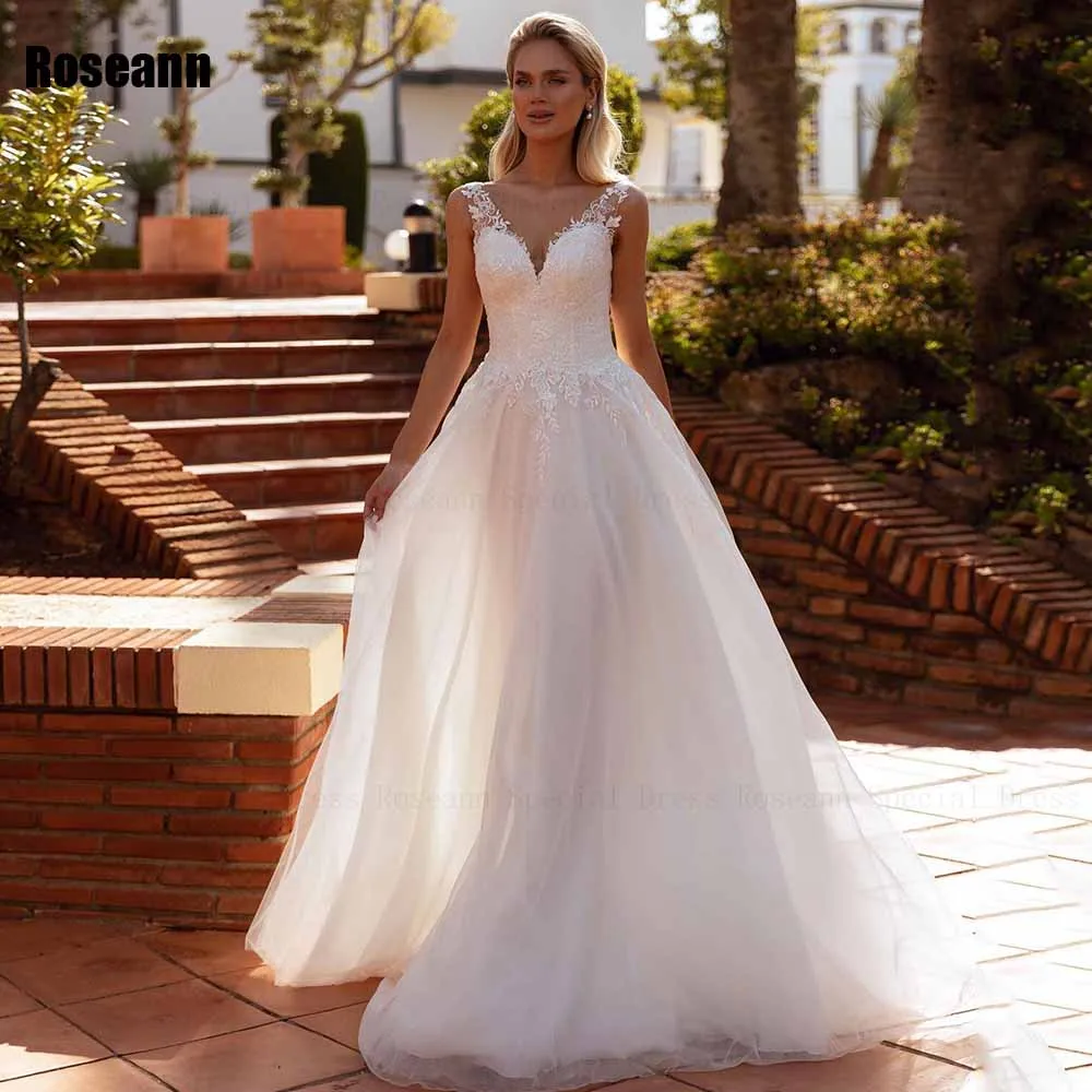 

Fashion A-line Wedding Dress Ruffle Front Split Applique V-Neck Sleeveless Open Back Bride Dresses Floor Length robe de mariée