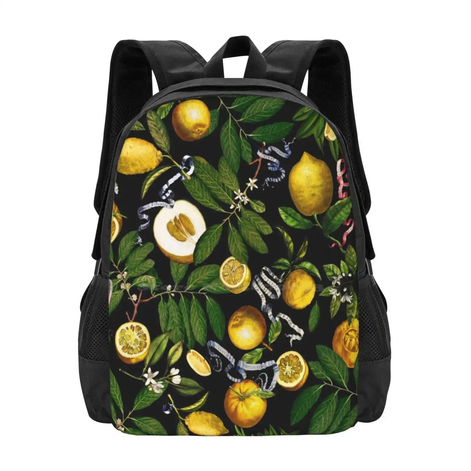 Lemon Tree-Black Fashion Pattern Design Travel Laptop School Backpack Bag Lemon Fruit Nature Exotic Tropical Jungle Summer