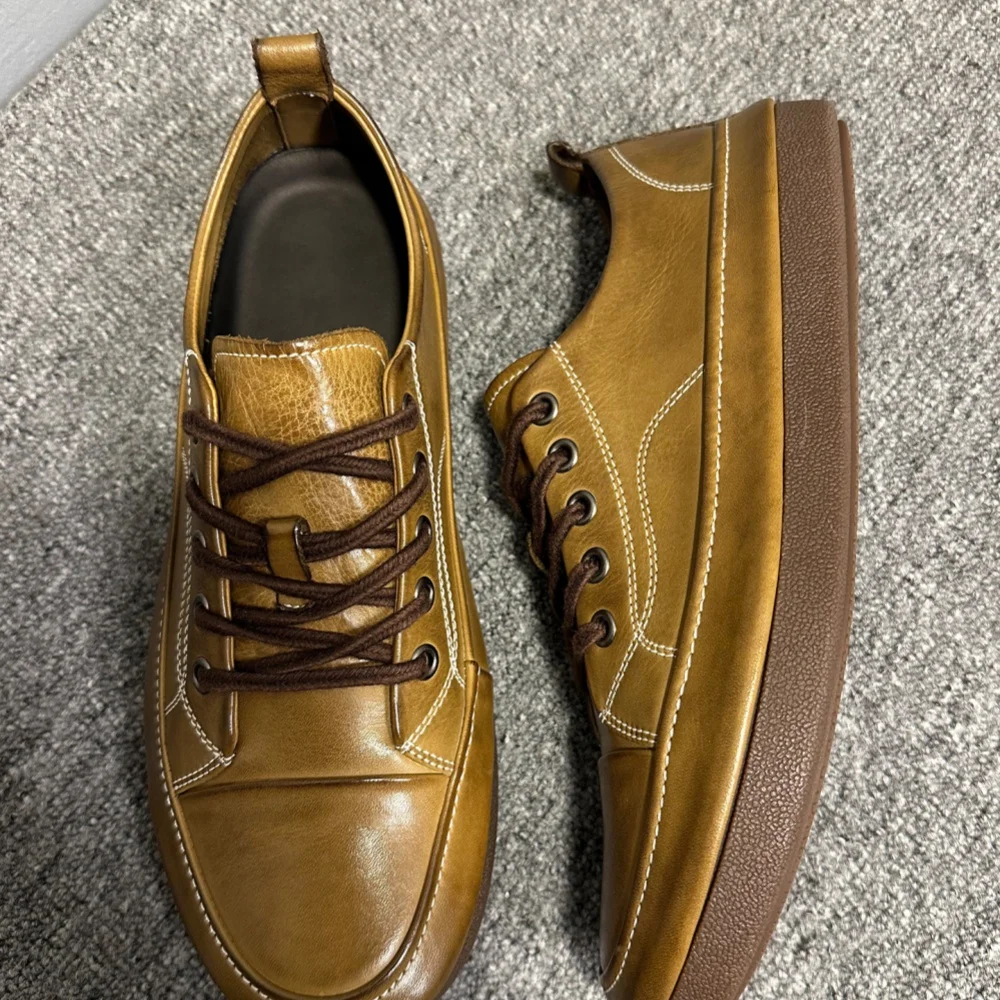 Men's Leather Lace-Up Casual Shoes Comfortable Anti-Slip Height-Increasing Cushioning Soft Sole Retro Style Platform
