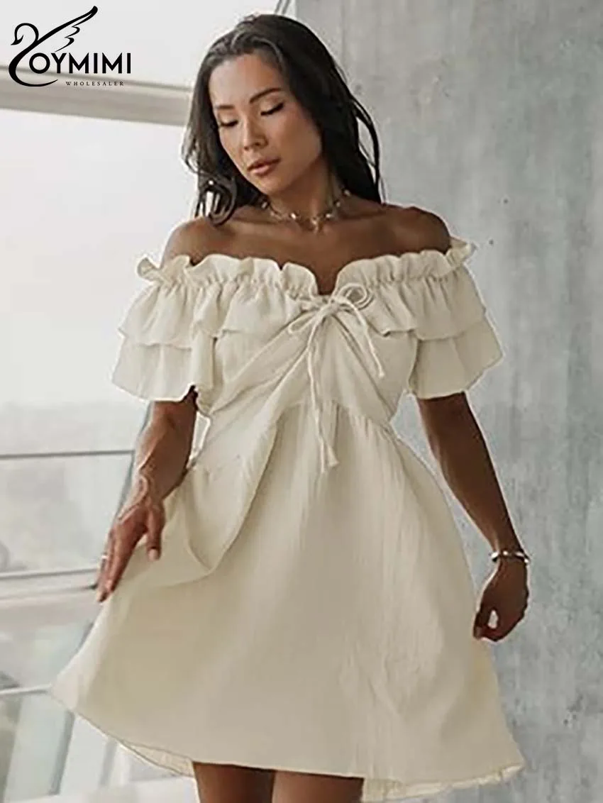 

Oymimi Fashion Khaki Cotton Dresses 2024 Women Casual Strapless Lace-Up Short Sleeve Dresses Elegant High Waisted Mini Dress