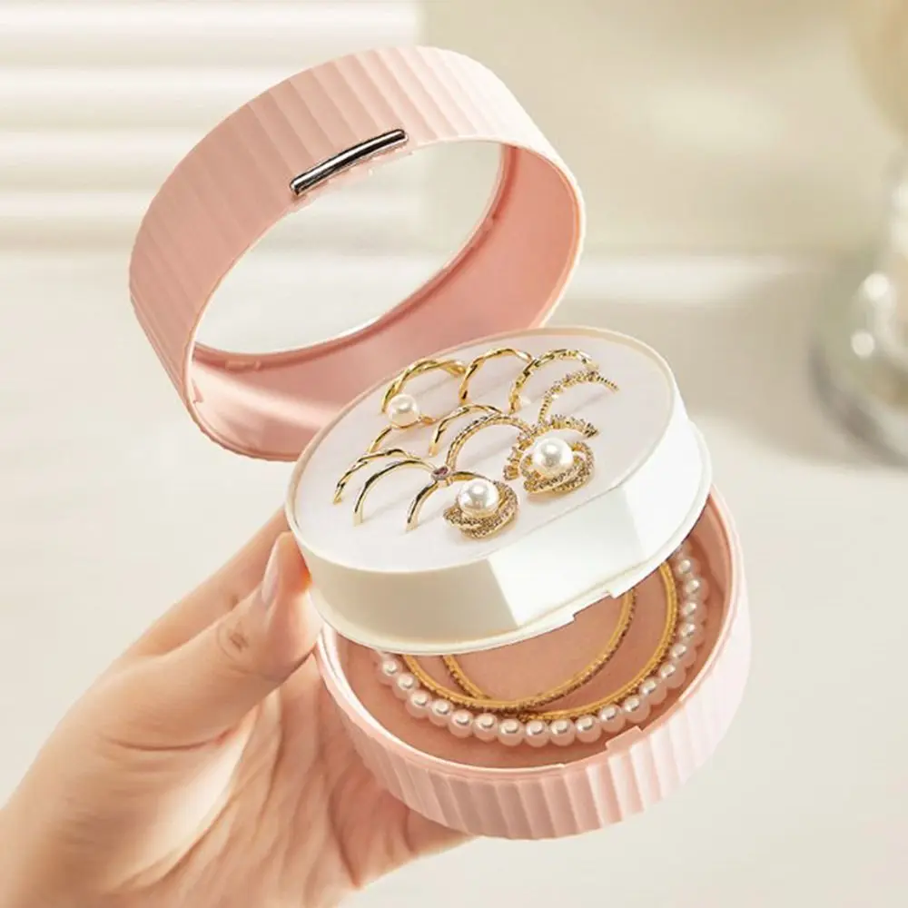 Macaron Portable Jewelry Organizer Double Layer Round Earrings Rings Storage Box Solid Color Multifunctional Jewelry Display Box