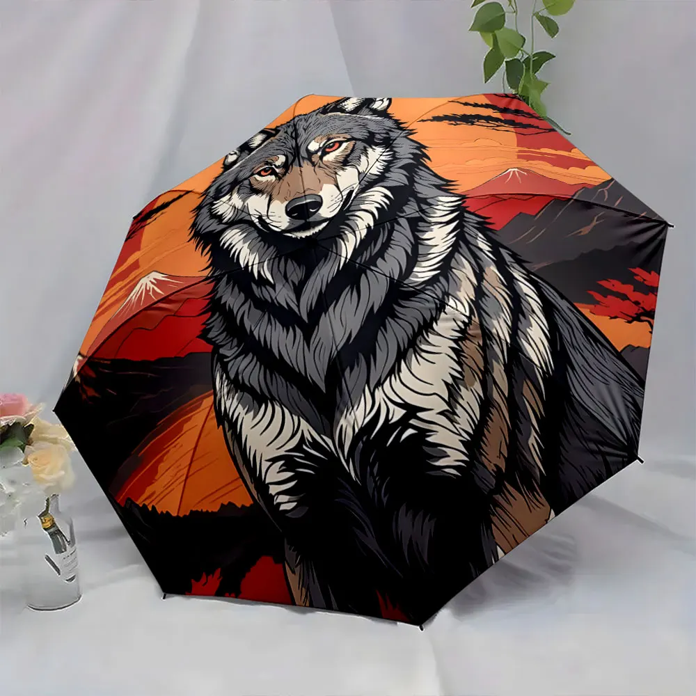 1PC Wolf Design Umbrella with Mountain Sunset Background Print 8 Iron Ribs Folding Umbrella Auto-Open Fashion Sunshade