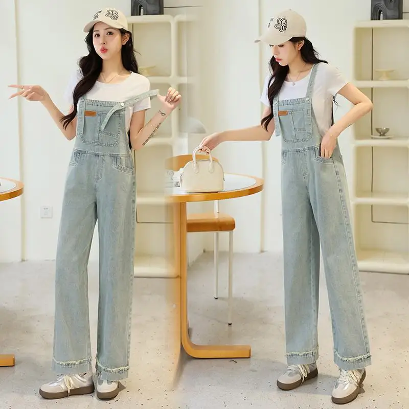 Slim Fit Denim Overalls High Waist Wide Leg Pants Set Women's Faionable Youthful Summer New Sle Drapey  Trousers