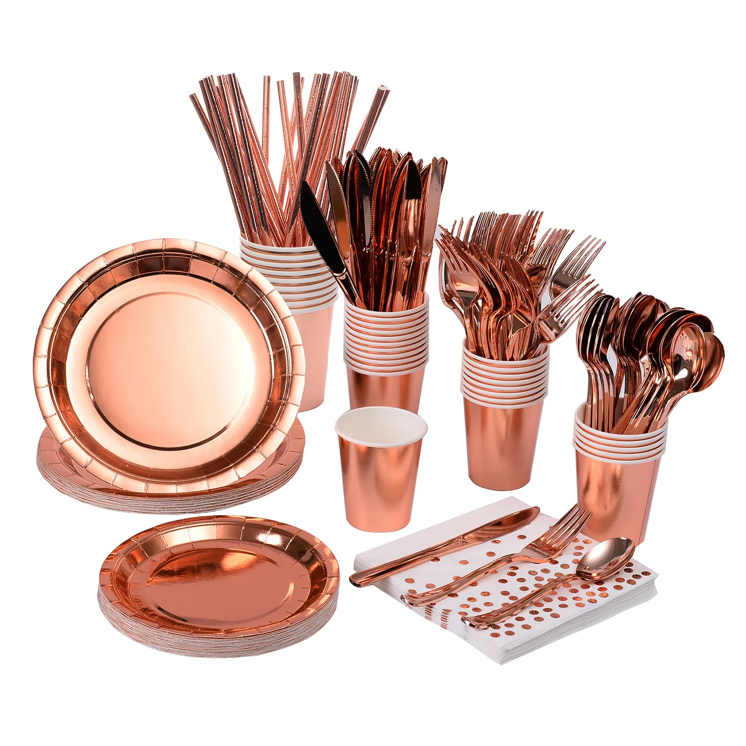 200 PCS Serves 25 Rose Gold Tableware Set,Disposable Party Dinnerware Paper Straws Napkins Plates Cups Cutlery Wedding Birthday