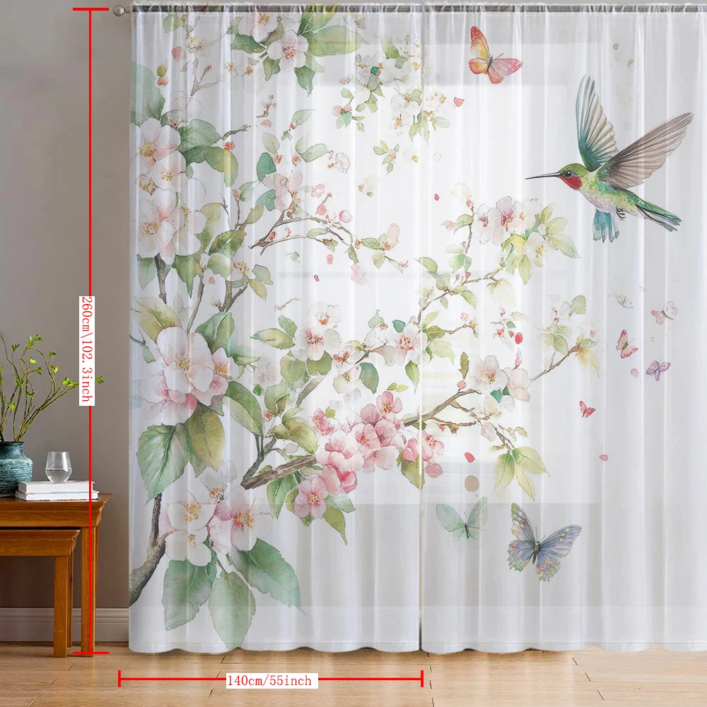 2PCS Home decoration flower and bird printed window screens with pole bags, suitable for kitchens, cafes, and living rooms