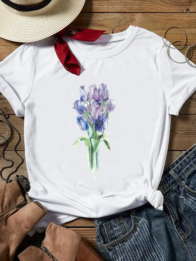 

Fashion Printed Women Clothing Summer Watercolor Plant Flower Short Sleeve Tee T Female Casual Clothes Graphic T-shirts