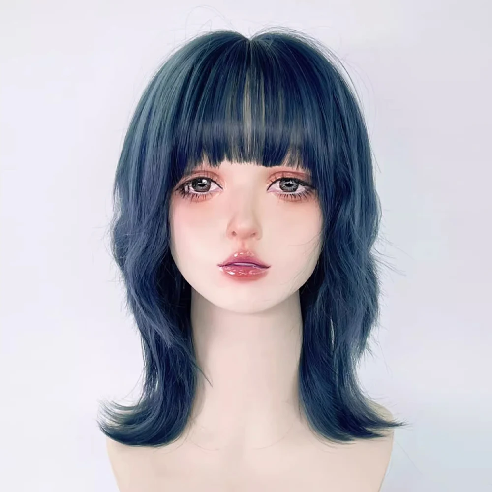 VICWIG Blue Synthetic Mullet Head Wig with Bangs Short Straight Natural Anime Women and Men Cosplay Hair Wig for Daily Party